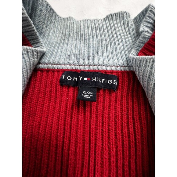 Tommy Hilfiger Men’s Red Blue Cable Knit Sweater Quarter Zip Size XL READ - Picture 4 of 10